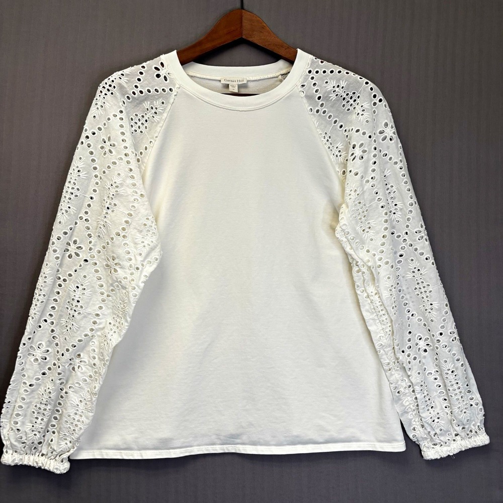 Garnet Hill Eyelet Sleeve Sweatshirt Top Medium Cream White Organic Cotton